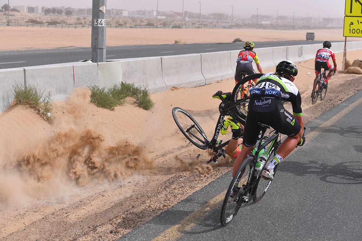 Marco Maronese falls in the crosswinds