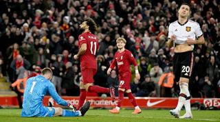 Liverpool's Mohamed Salah celebrates after scoring in the Reds' 7-0 win over Manchester United in March 2023.