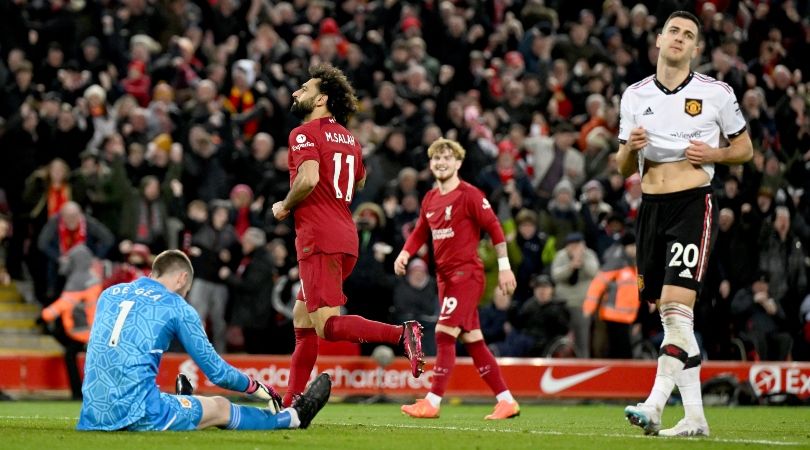 Liverpool&#039;s Mohamed Salah celebrates after scoring in the Reds&#039; 7-0 win over Manchester United in March 2023.