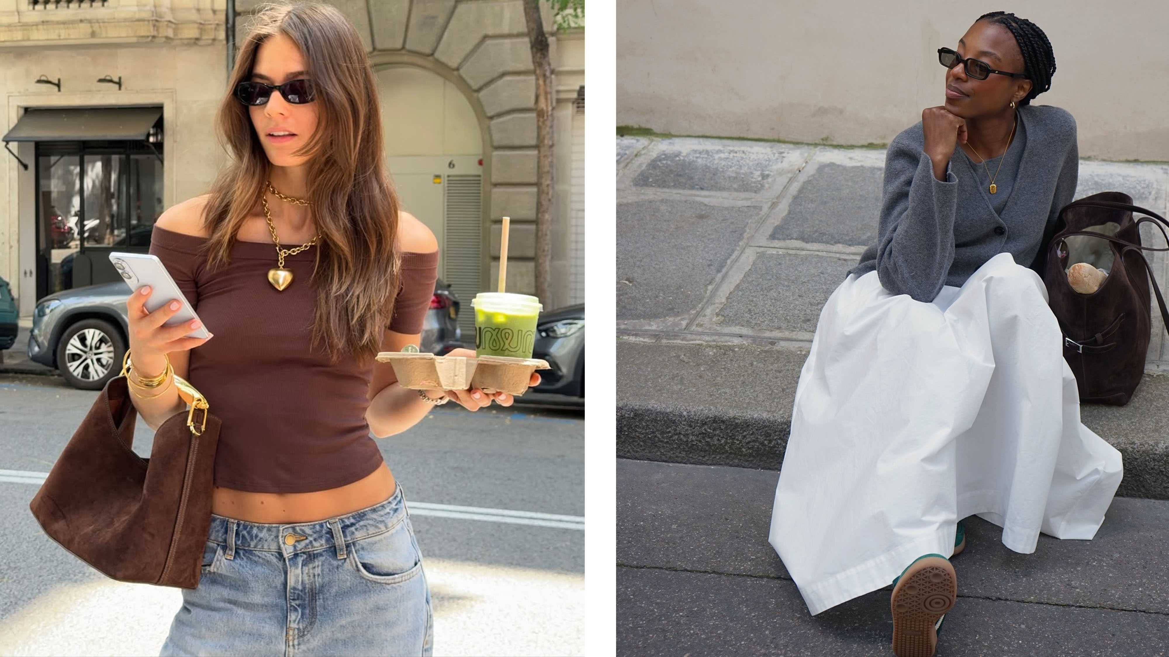 Woman in brown top and jeans; woman in gray cardigan and white skirt