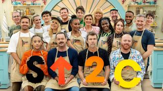 The Great Celebrity Bake Off 2024 contestants standing in a group in the Bake Off tent 