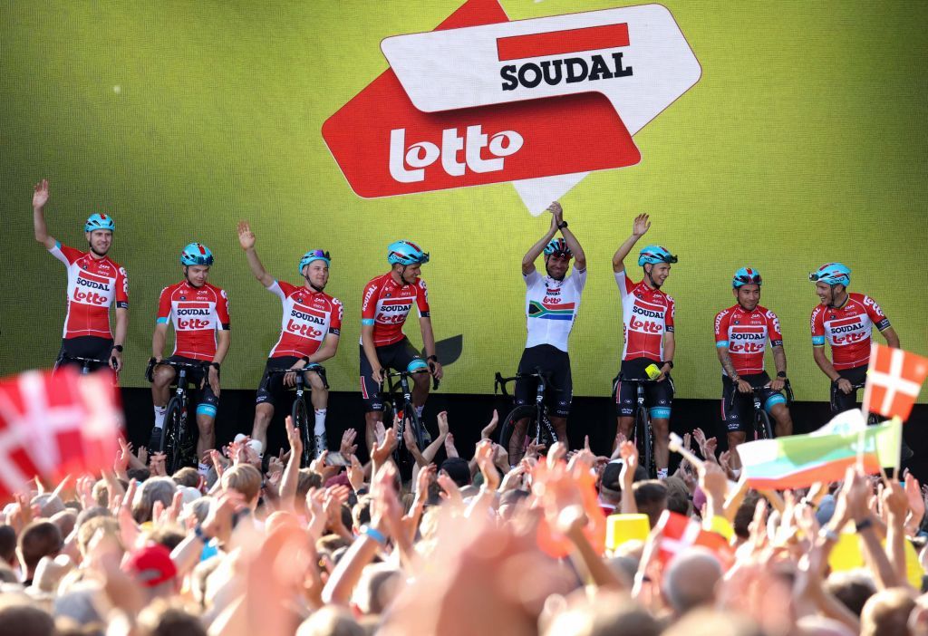 Lotto Soudal team riders attend the teams presentation two days ahead of the first stage of the 109th edition of the Tour de France cycling race in Copenhagen in Denmark on June 29 2022 Photo by Thomas SAMSON AFP Photo by THOMAS SAMSONAFP via Getty Images