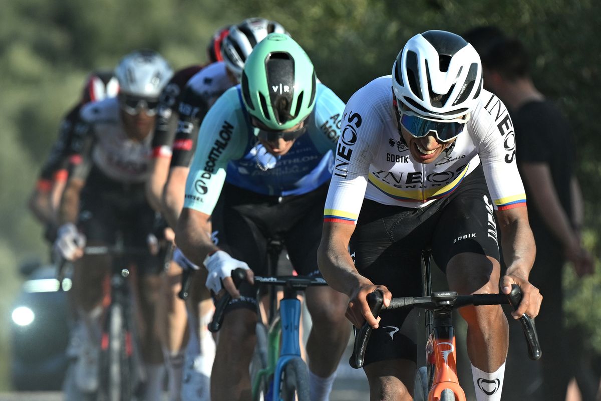 UBEDA SPAIN FEBRUARY 17 Egan Bernal of Colombia and Team INEOS Grenadiers competes in the chase group passing through a gravel strokes sector during the 4th Clasica Jaen Paraiso Interior 2025 a 1692km one day race from Ubeda to Ubeda on February 17 2025 in Ubeda Spain Photo by Tim de WaeleGetty Images