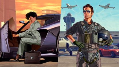 GTA Online - business women steps out of ferrari-like / man dressed as jet pilot stands infront of airport