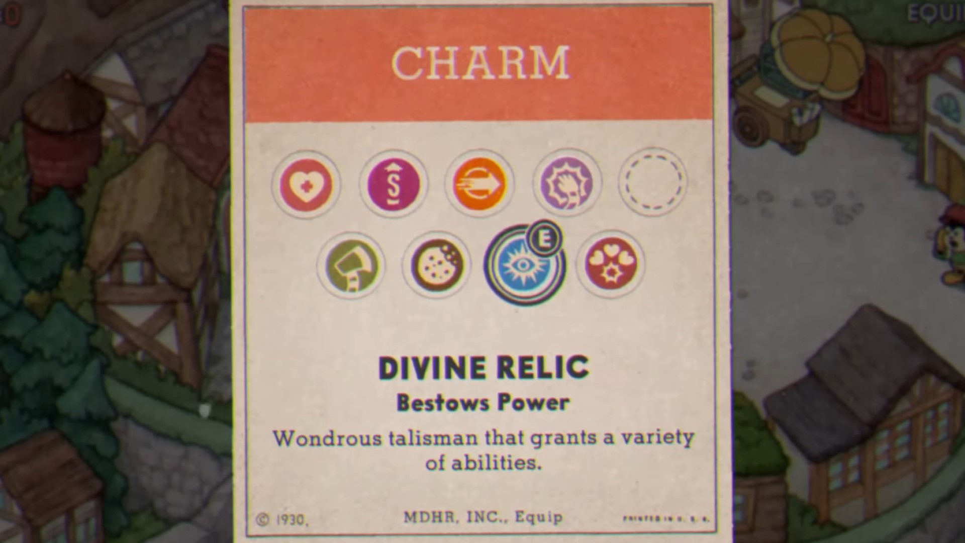 Cuphead Divine Relic dans le menu charme