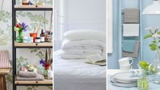 Compilation image of bathroom products on shelves, folded bedding on a bed and a kitchen table with a towel rail of tea towels