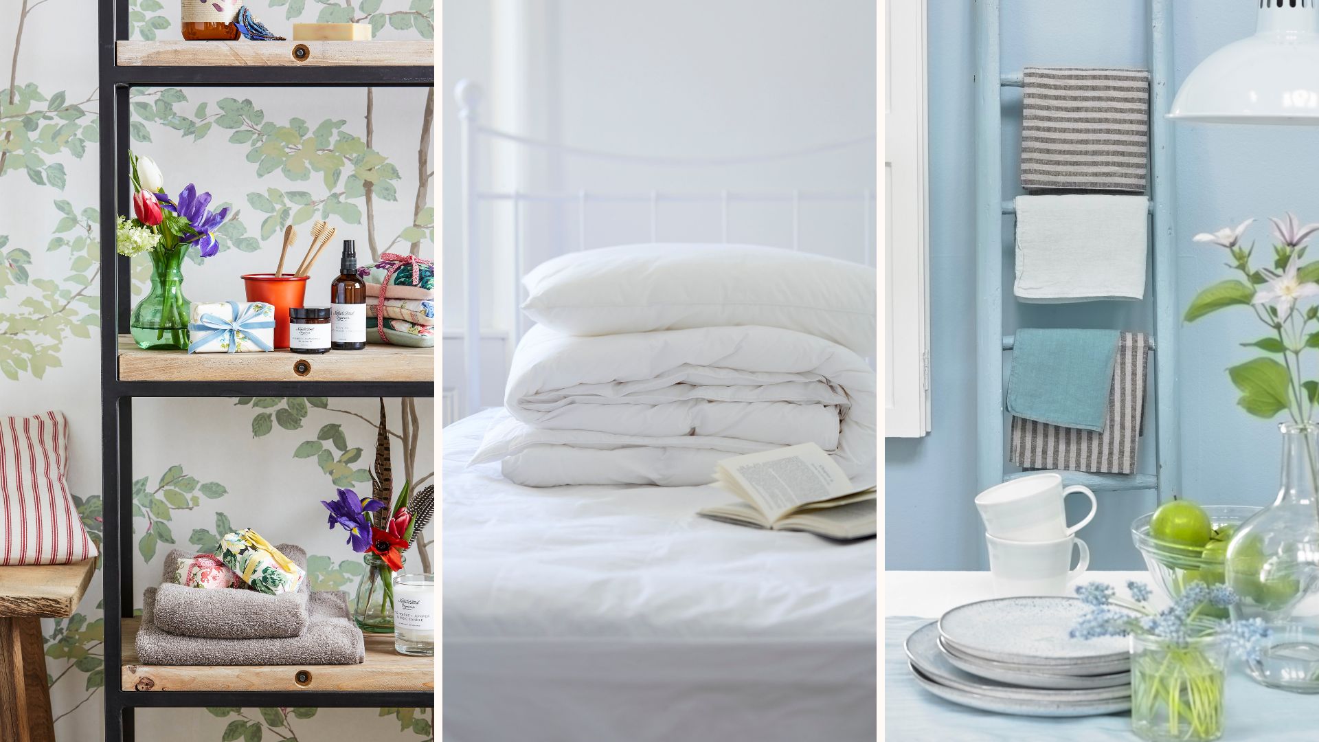 Compilation image of bathroom products on shelves, folded bedding on a bed and a kitchen table with a towel rail of tea towels