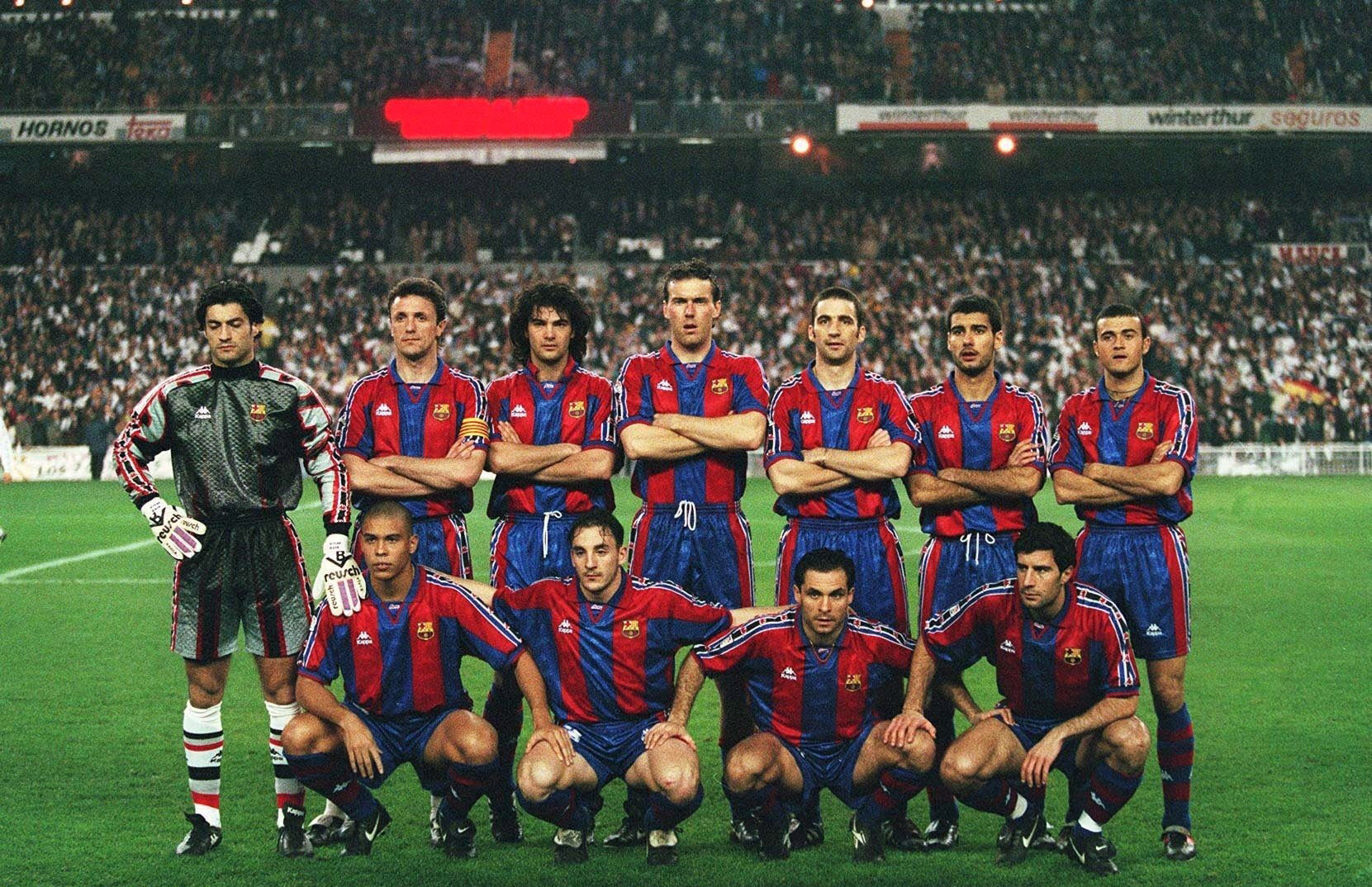 Barcelona players line up ahead of a Copa del Rey clash against Real Madrid in February 1997.