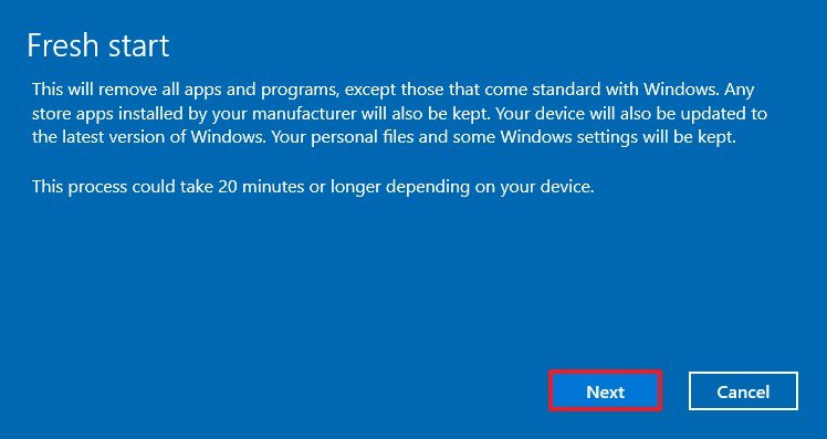 Windows 10 Fresh Start wizard