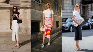 A composite of street style influencers showing how to style a slip skirt for work with a tee