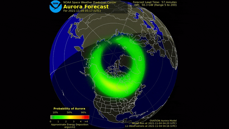 The northern lights could heat up the next couple of nights during a strong geomagnetic storm. Here, the brightness and location of the aurora is shown as a green oval centered on Earth’s magnetic pole. The green ovals turn red when the aurora is forecasted to be more intense.