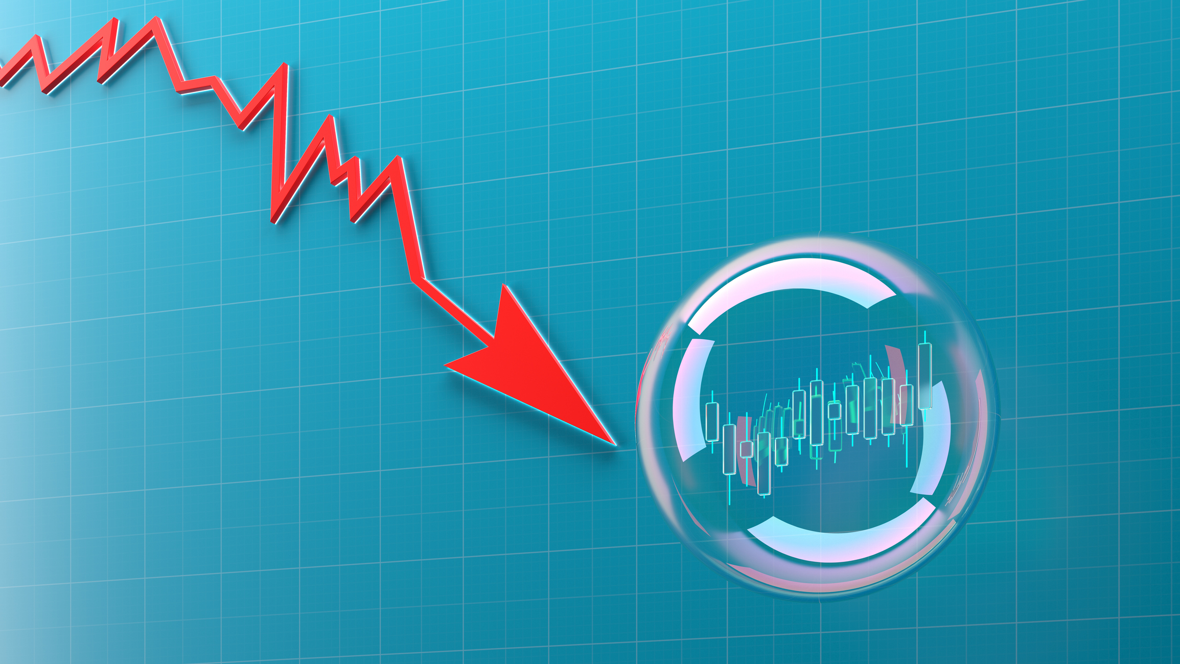 Downward trending stock market chart with a bubble representing AI stocks