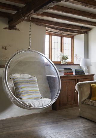 hanging see-through chair in period living room