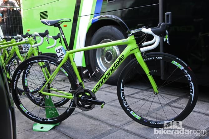 Peter Sagan's (Cannondale Pro Cycling) new Cannondale Synapse Carbon Hi-Mod Evo. Cannondale supplies the rising superstar with a custom frame geometry with the more aggressive stack of a 54cm SuperSix Hi-Mod but the reach of a 58cm size.