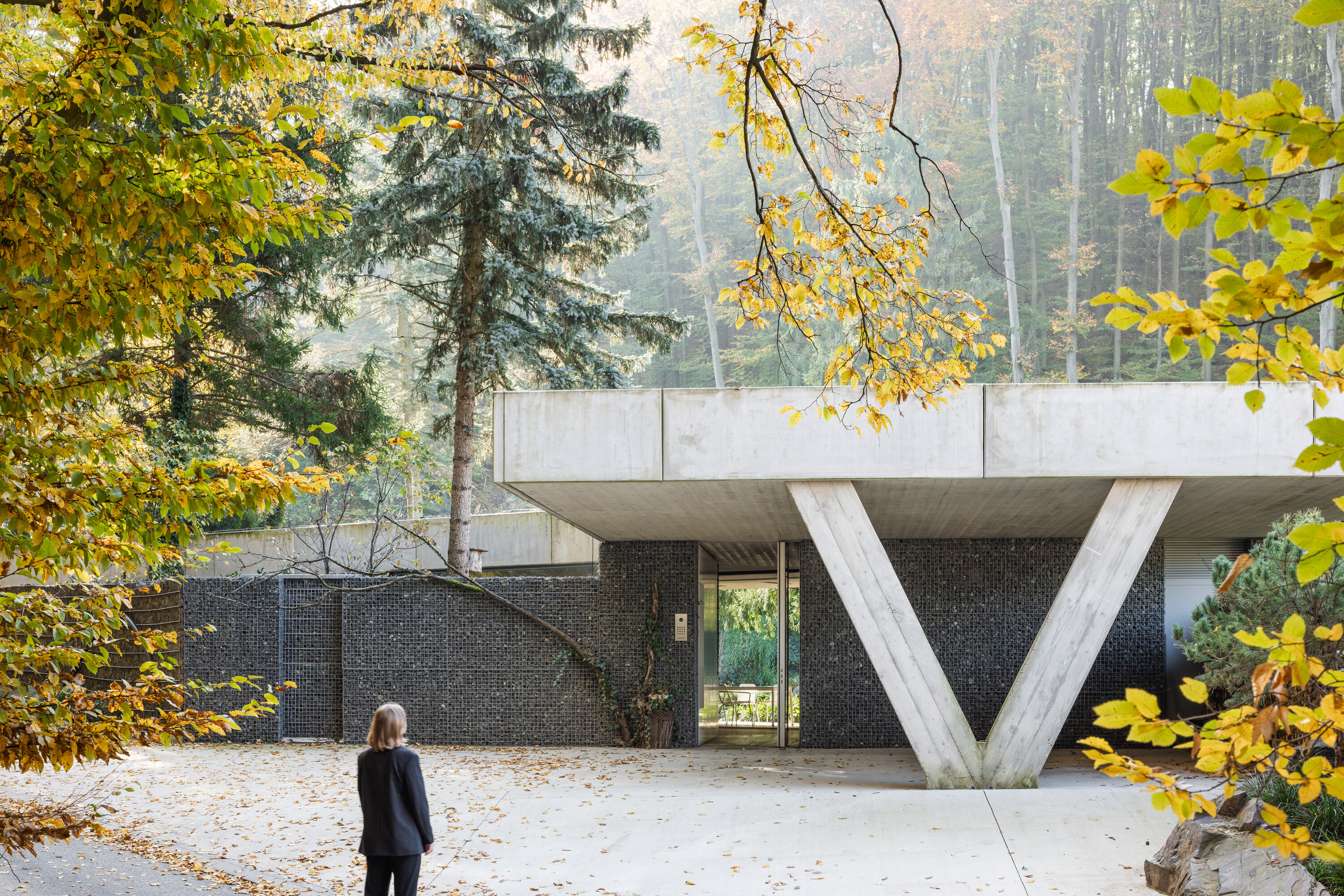 A V-shaped concrete column marks the entrance to the house