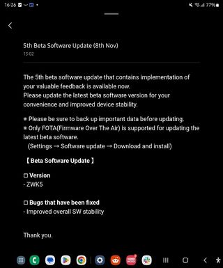 The changelog for One UI 6 Beta 5 captured on a Galaxy Z Fold 5.