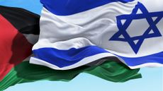 Illustration of an Israeli flag casting a Netanyahu-shaped shadow over a Palestinian flag
