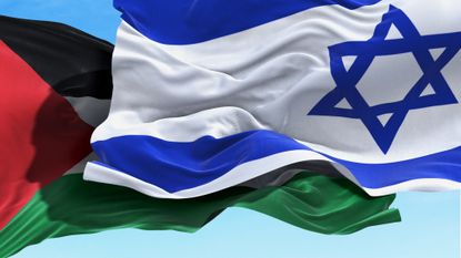 Illustration of an Israeli flag casting a Netanyahu-shaped shadow over a Palestinian flag