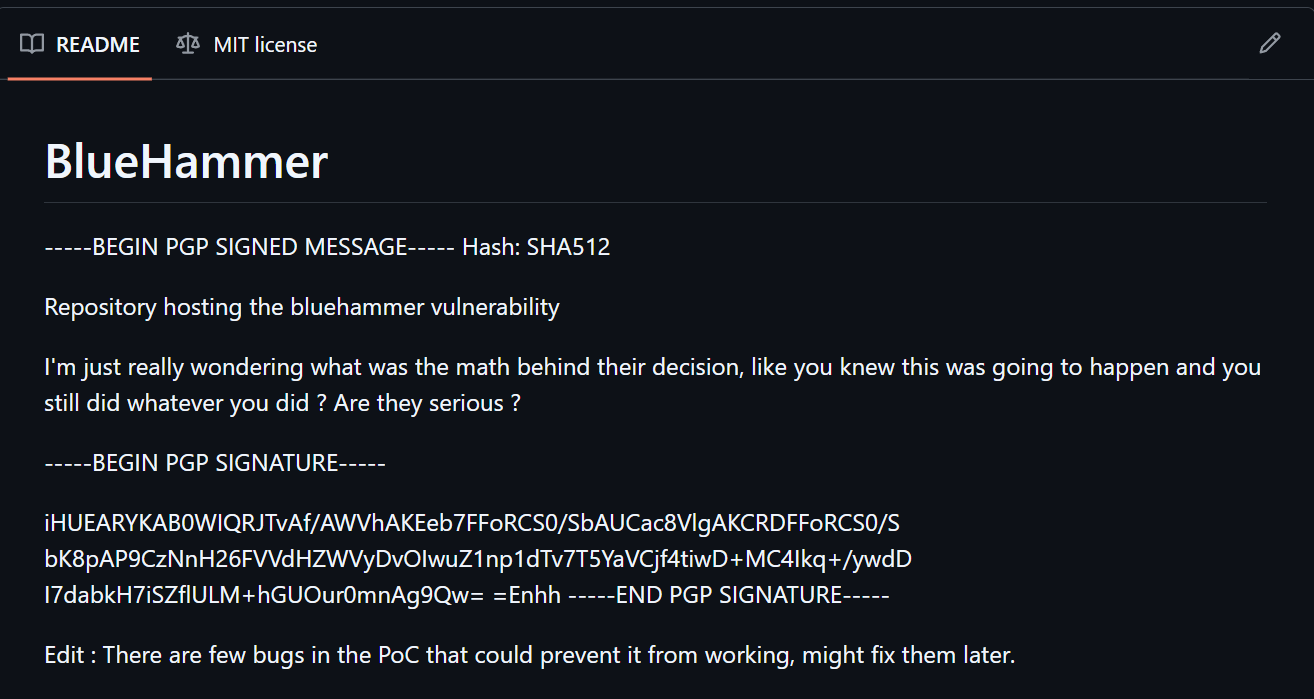 BlueHammer GitHub page
