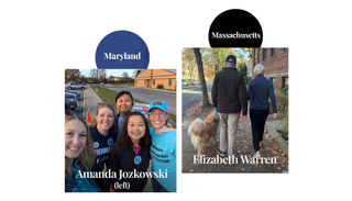 A group of woman standing close wearing their I Voted badges on their T-shirts; Elizabeth Warren walking with her husband and dog