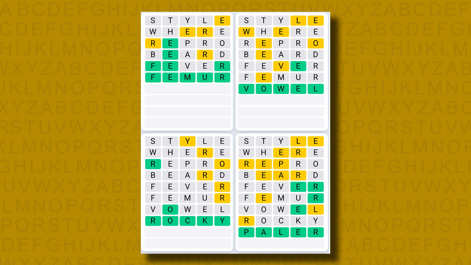 Quordle Daily Sequence answers for game 1290 on a yellow background