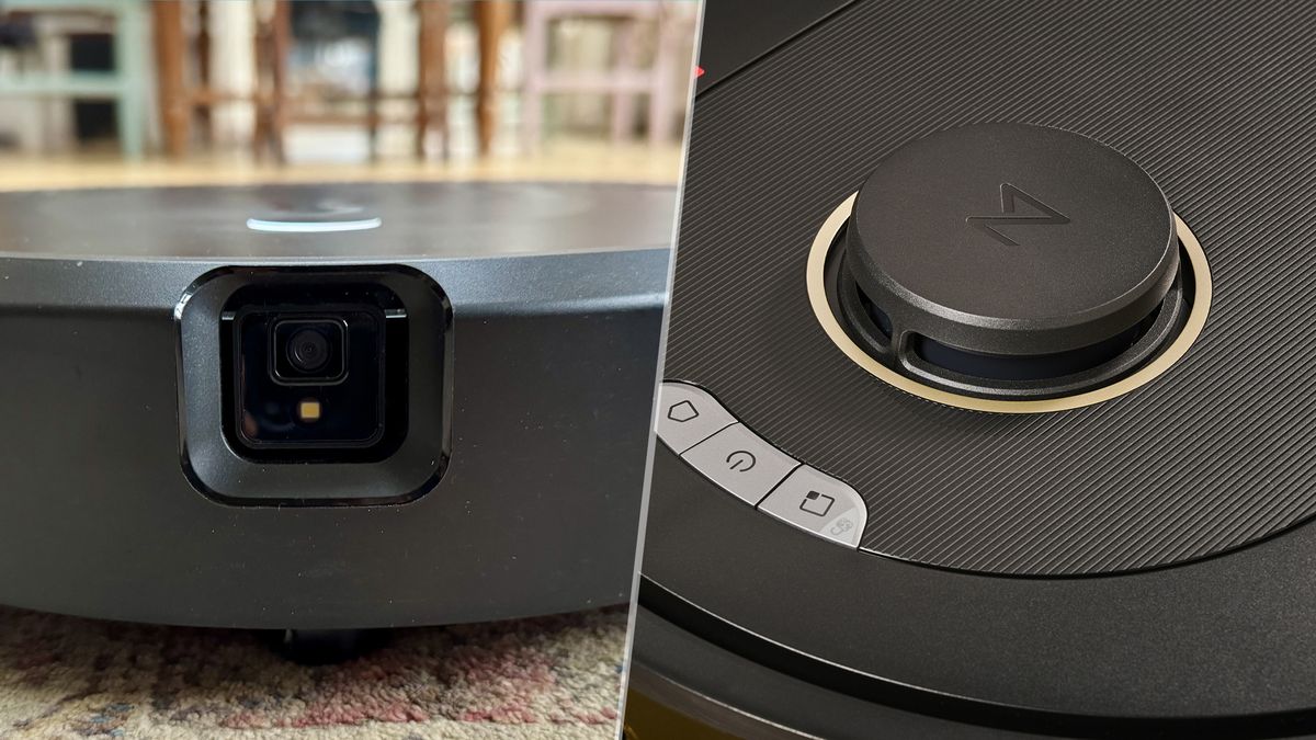 Close up of camera on iRobot Roomba Combo 10 Max (left) and close up of LiDAR navigation puck on Roborock robot vacuum