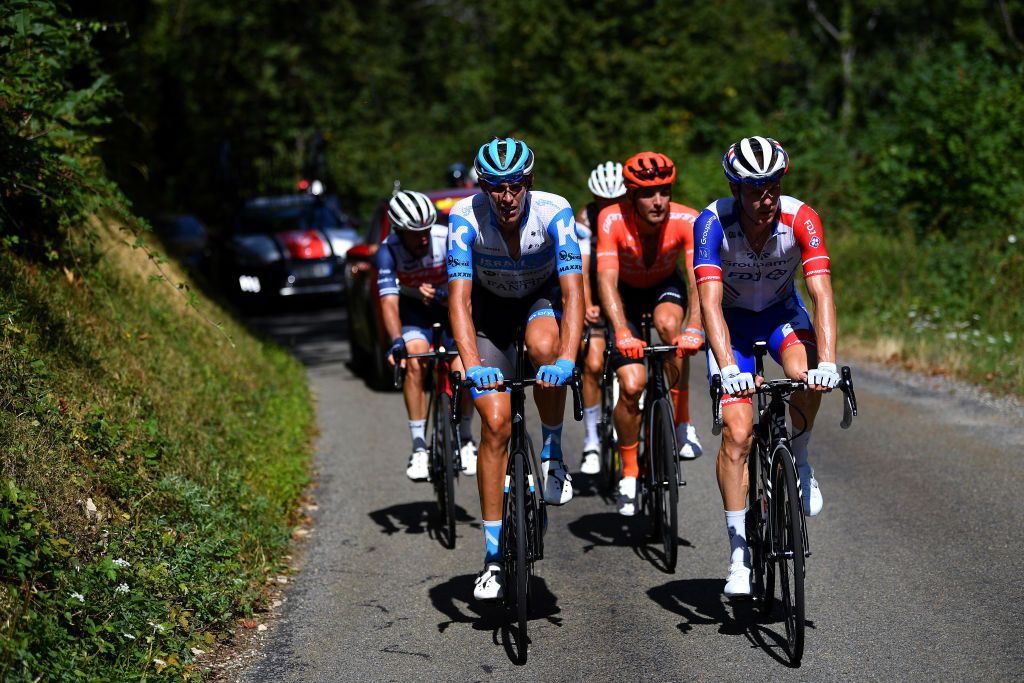 SAINTVULBAS FRANCE AUGUST 08 Julien Bernard of France and Team Trek Segafredo Nils Politt of Germany and Team Israel StartUp Nation Joey Rosskopf of The United States and CCC Team Kilian Frankiny of Switzerland and Team Groupama FDJ Jaakko Hnninen of Finland and Team Ag2R La Mondiale during the 32nd Tour de LAin 2020 Stage 2 a 141km stage from Lagnieu to Llex MontsJura 896m tourdelain TOURDELAIN TDA on August 08 2020 in SaintVulbas France Photo by Justin SetterfieldGetty Images