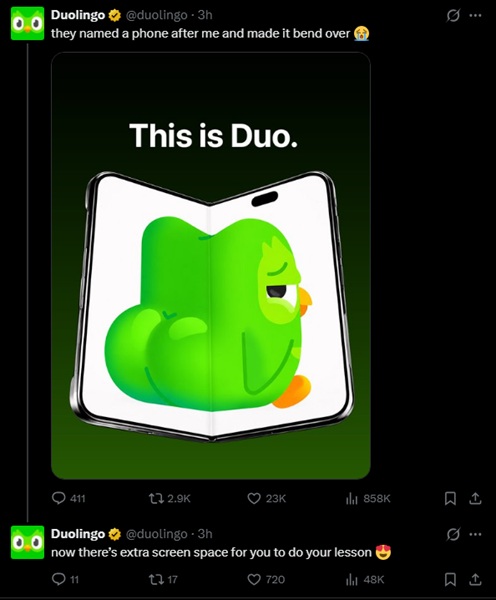 Duolingo got incredibly cheeky on X, poking fun at Apple's iPhone Duo, saying it named a phone after them.