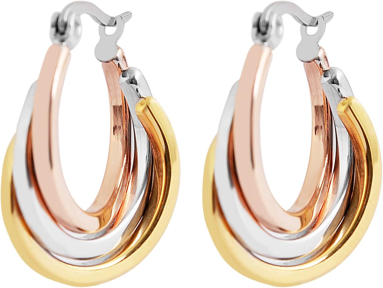 Edforce Women's 3 Tone Plated Overlapping Triple Hoop Earrings, (25mm)