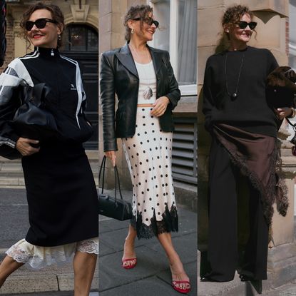 collage of Renia Jaz wearing lace-trimmed skirts and dresses