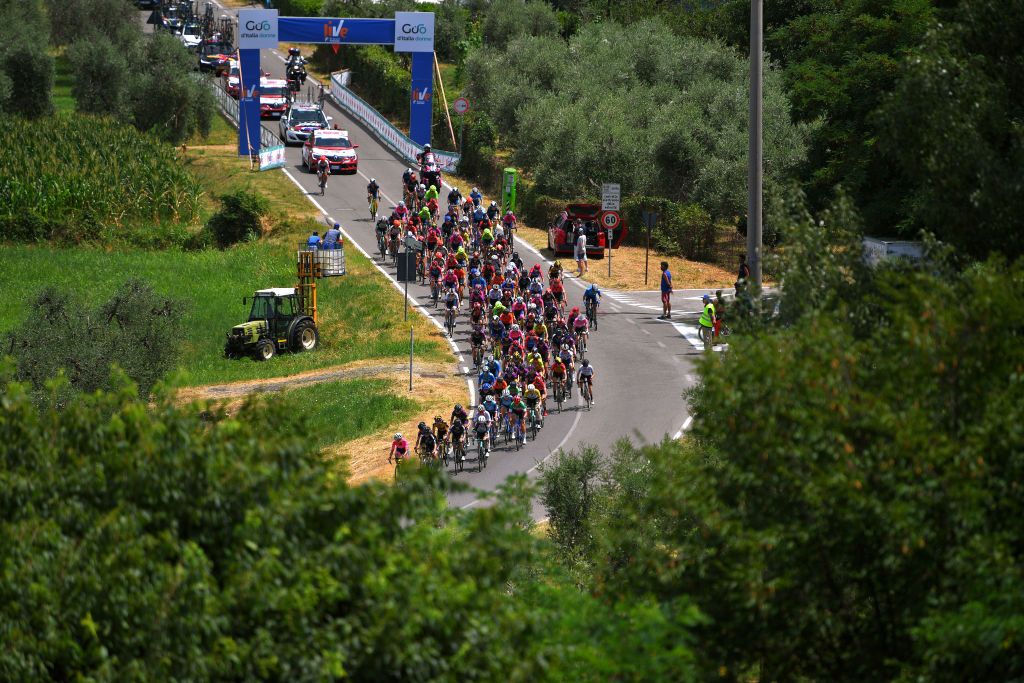 PUEGNAGO DEL GARDA ITALY JULY 08 Anna Van Der Breggen of Netherlands and Team SD Worx Pink Leader Jersey The peloton passing through vineyard landscape during the 32nd Giro dItalia Internazionale Femminile 2021 Stage 7 a 1096km stage from Soprazocco di Gavardo to Puegnago Del Garda 219m GiroDonne UCIWWT on July 08 2021 in Puegnago del Garda Italy Photo by Luc ClaessenGetty Images