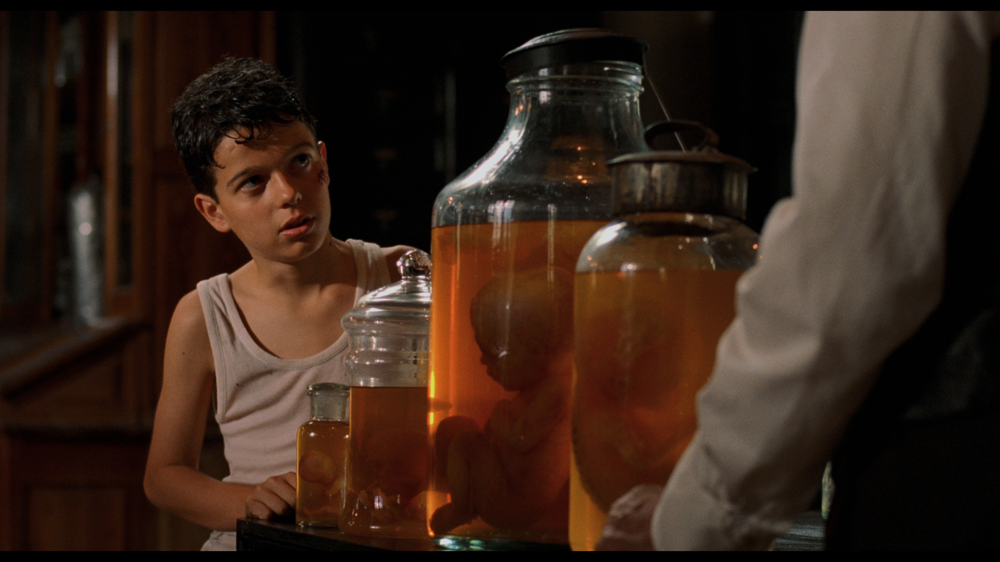 Young boy Carlos looking at some foetuses in jars. 
