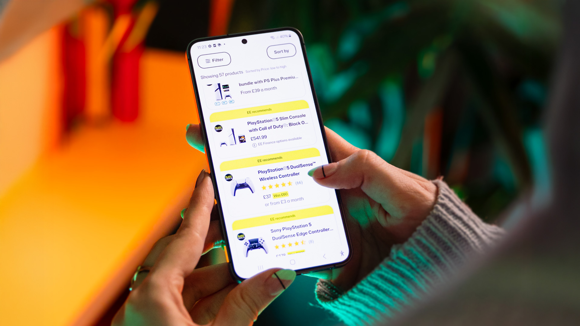 Browsing the EE Store on a phone looking for gaming accessories