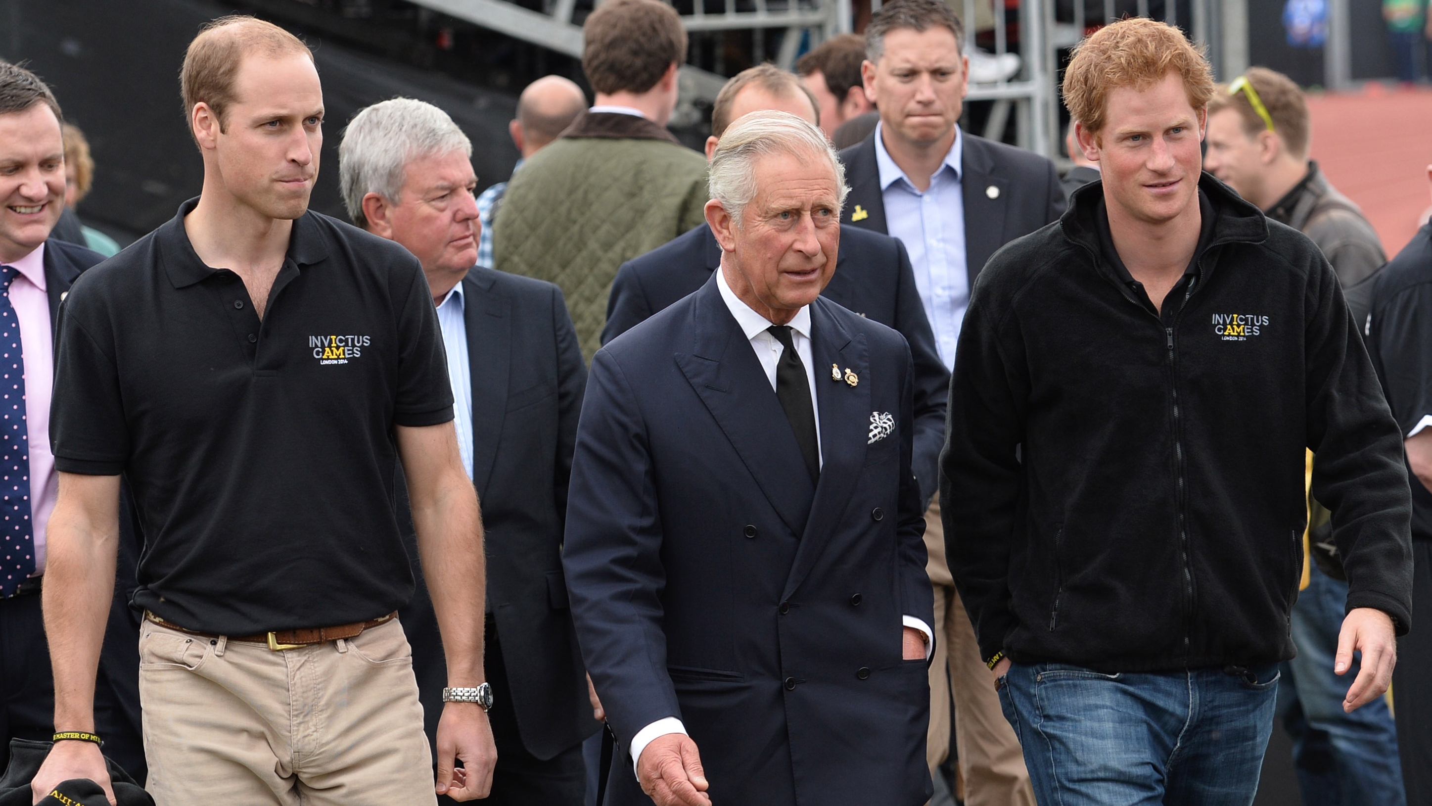 Prince William, King Charles and Prince Harry attend the athletics during the Invictus Games at Lea Valley Athletics Centre on September 11, 2014