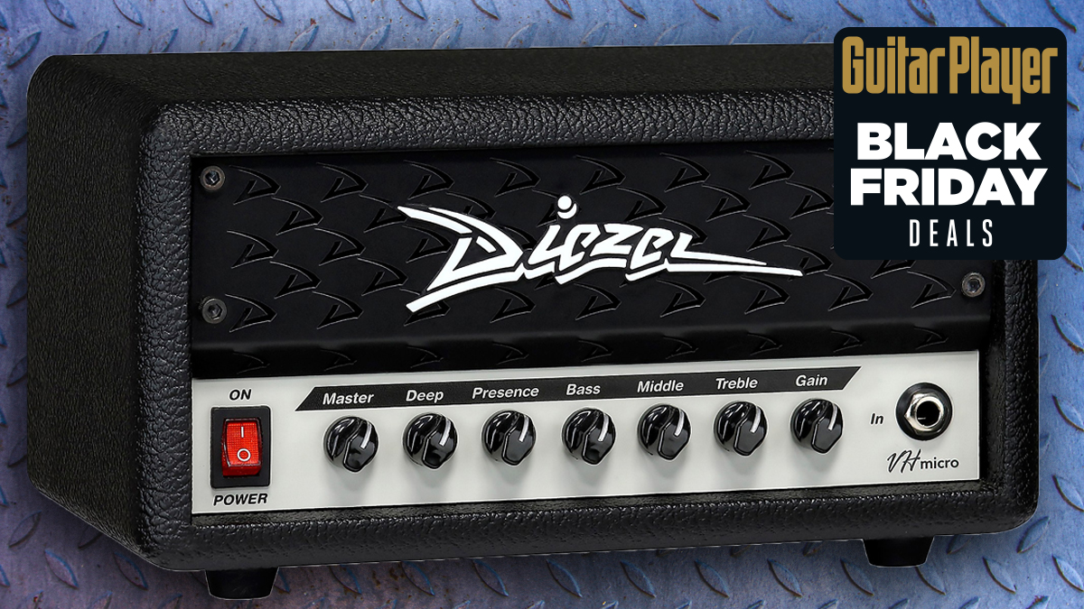 A photo composite of the Diezel VH Micro amp against diamond-pattern sheet metal
