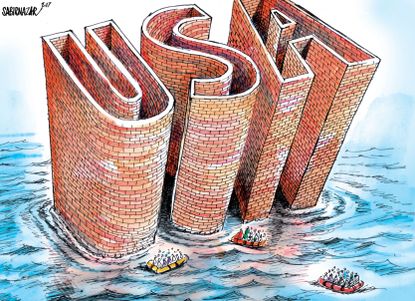 Political Cartoon U.S. USA wall bans refugees