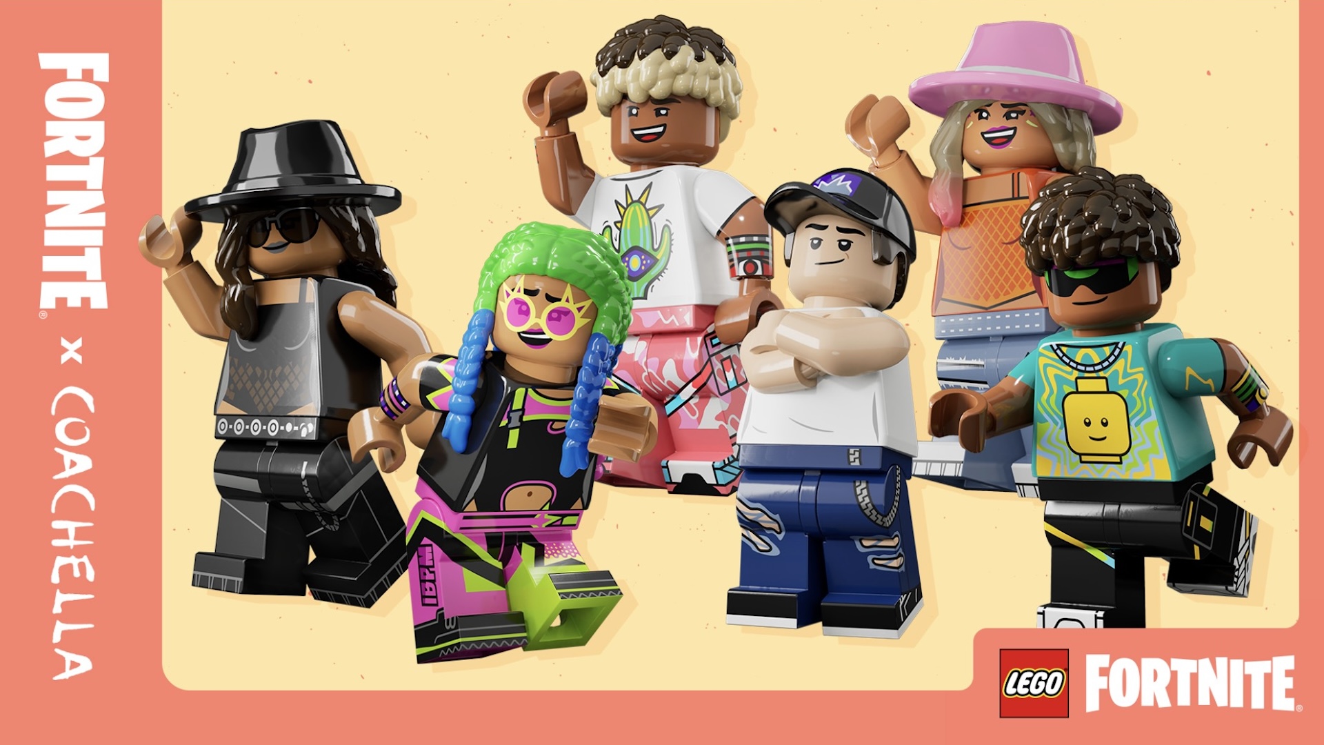 Coachella-themed Lego characters against a yellow and orange background.