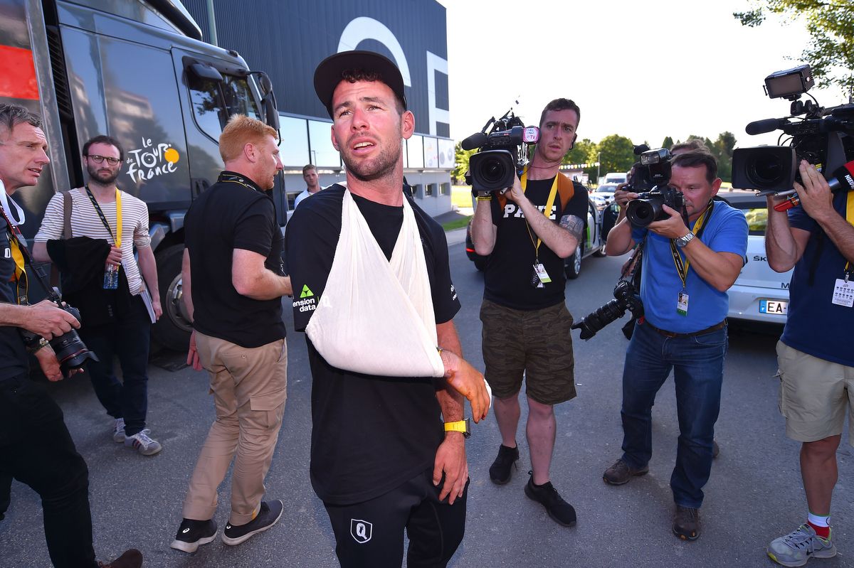 Mark Cavendish in a sling after his stage four crash at the Tour