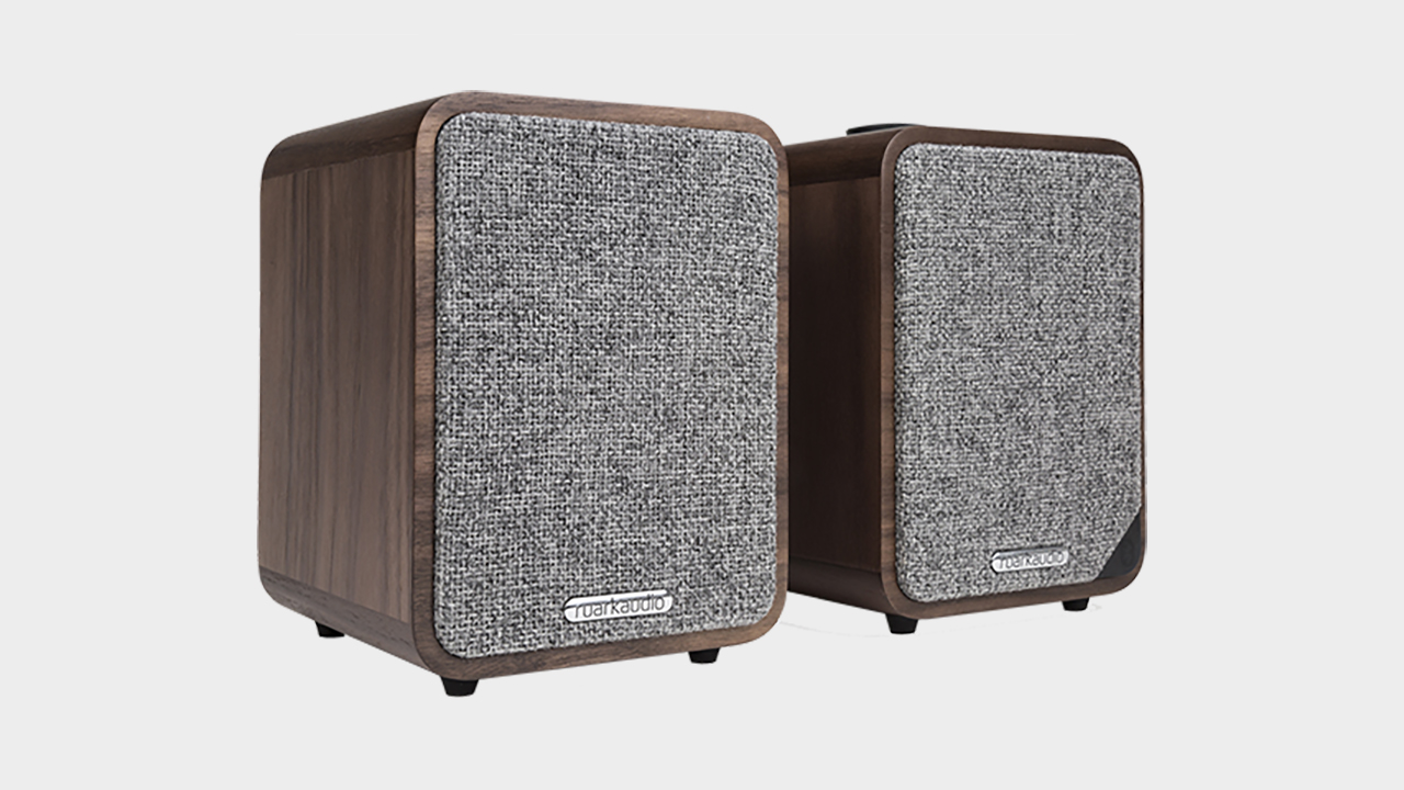 Ruark Speakers in front of a gray background.