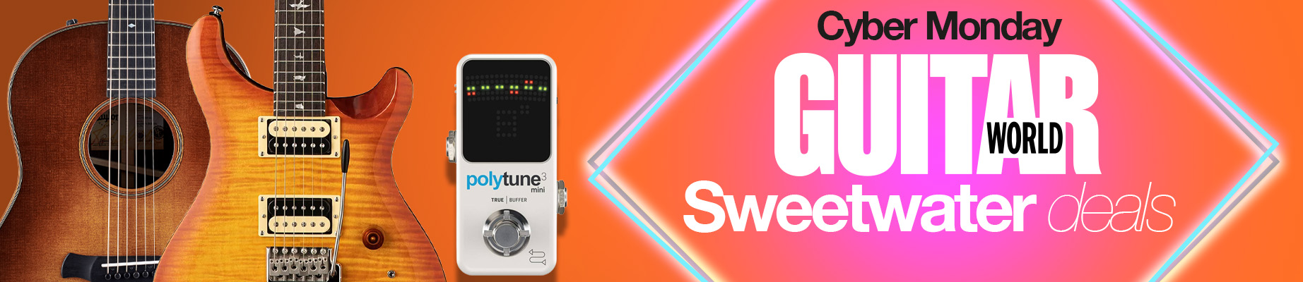 A selection of guitar gear on an orange background