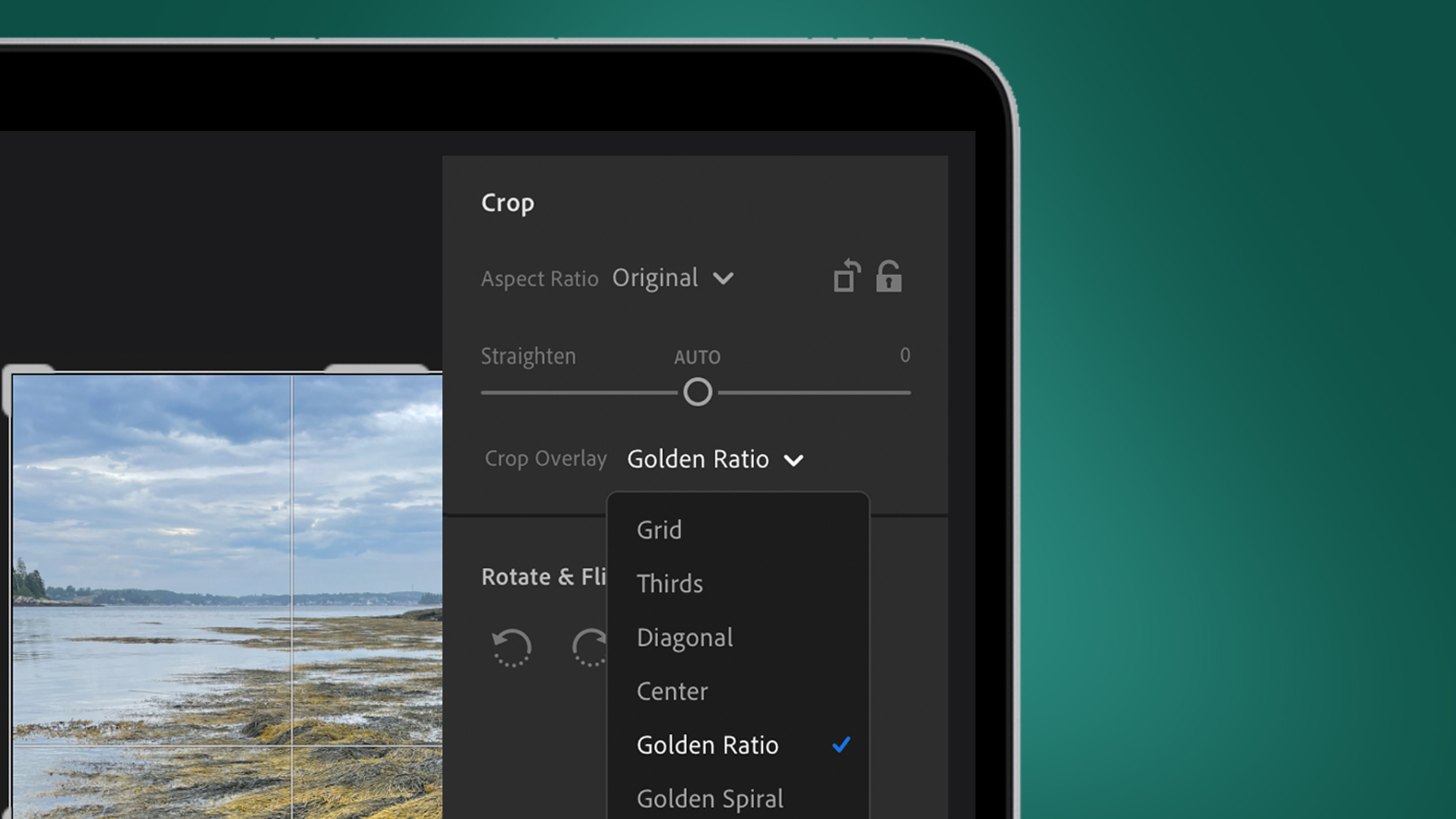 A screenshot of Adobe Lightroom's new crop overlays on a laptop screen