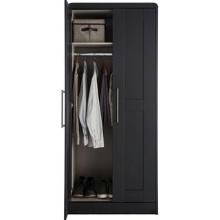 black cabinet with cloths inside white background