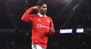 Marcus Rashford of Manchester United celebrates after scoring his team's third goal during the Carabao Cup quarter-final match between Manchester United and Charlton Athletic on 10 January, 2023 at Old Trafford in Manchester, United Kingdom.