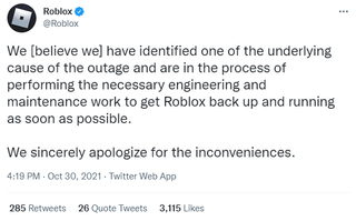An image of a deleted tweet from the Roblox twitter account.