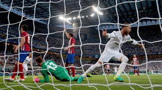 Sergio Ramos celebrates after scoring for Real Madrid against Atletico Madrid in the 2016 Champions League final.