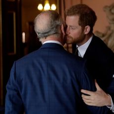 King Charles and Prince Harry greet each other at the International Year Of The Reef 2018 Meeting