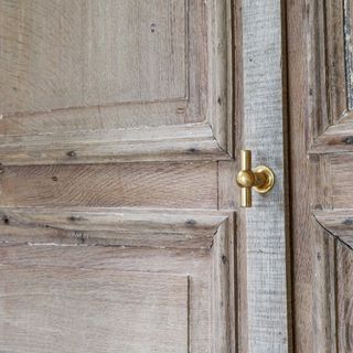cast T-bar knob on rustic wood door