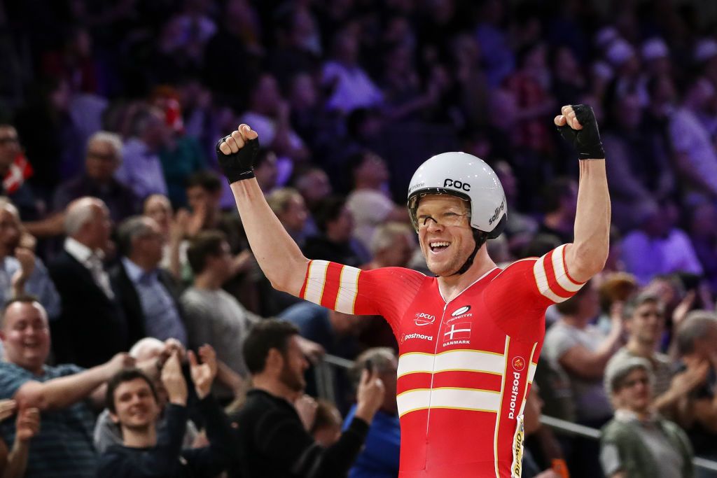 BERLIN GERMANY MARCH 01 Lasse Norman Hansen celebrates after winning Mens Madison during day 5 of the UCI Track Cycling World Championships Berlin at Velodrom on March 01 2020 in Berlin Germany Photo by Maja HitijGetty Images