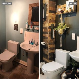 before and after images of bathroom makeover with grey wall and white toilet