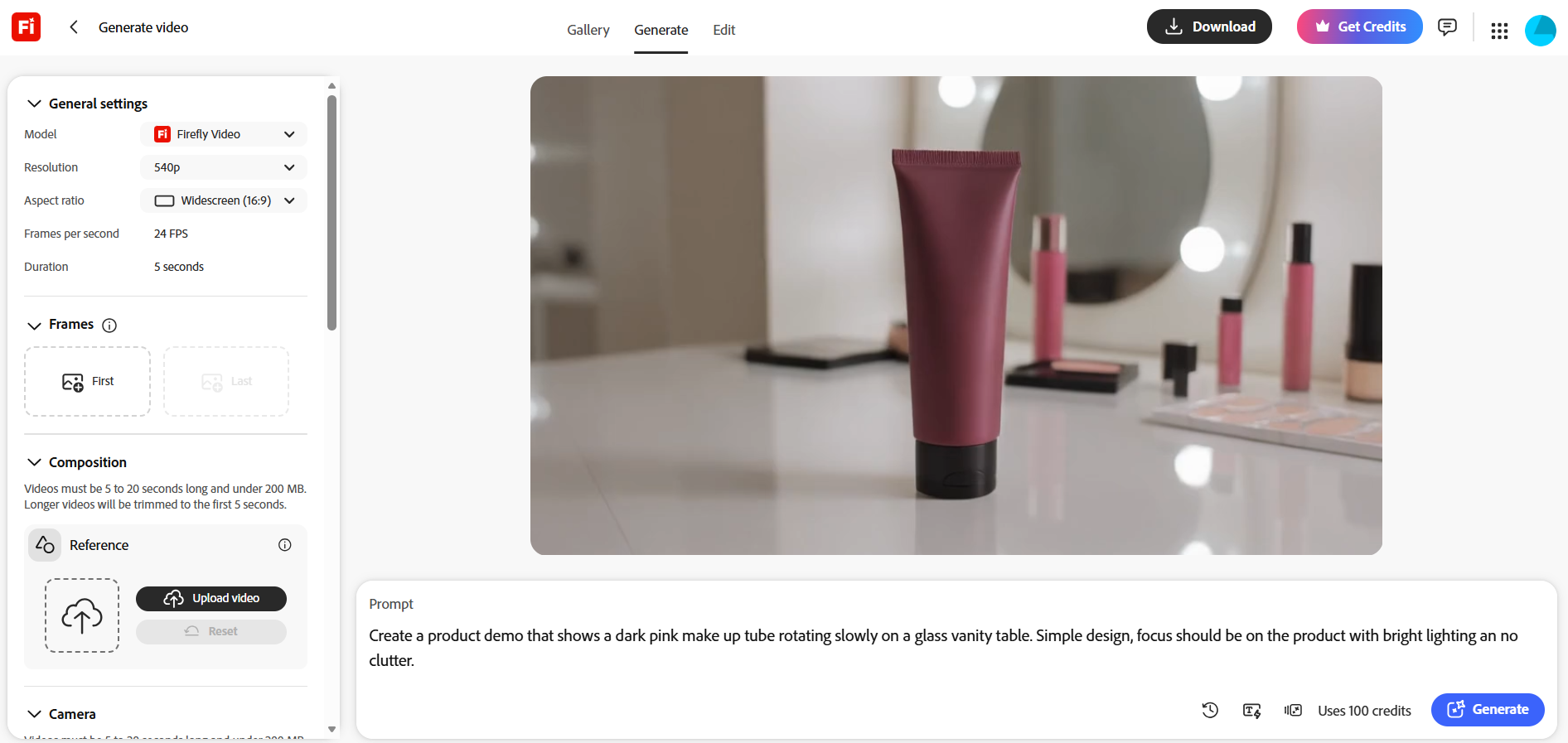 Adobe Firefly in use to create a product mockup video 